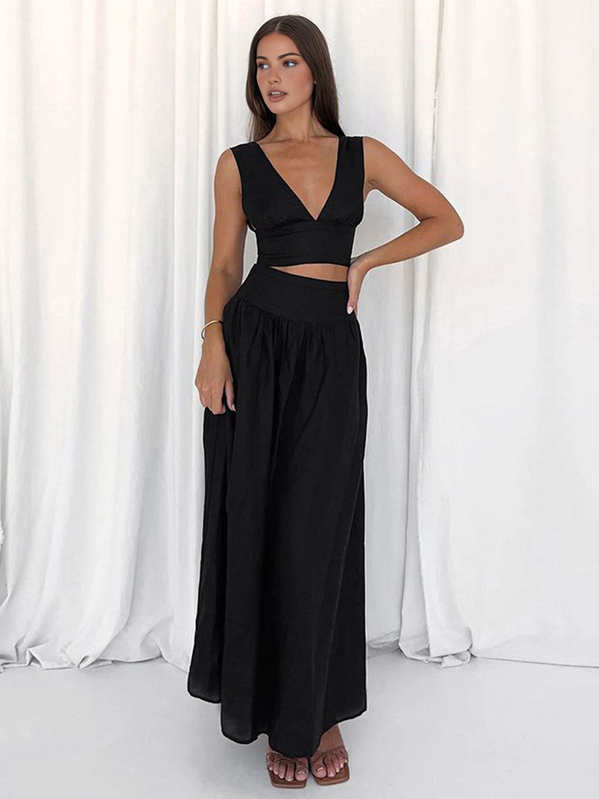 Solid V Neck Skirt Set