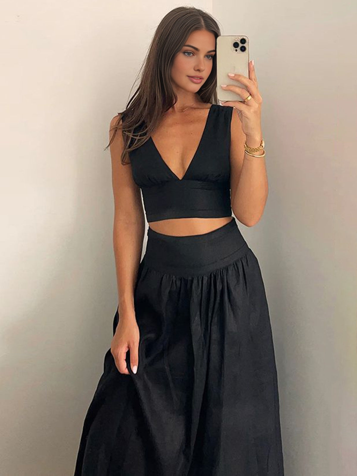 Solid V Neck Skirt Set