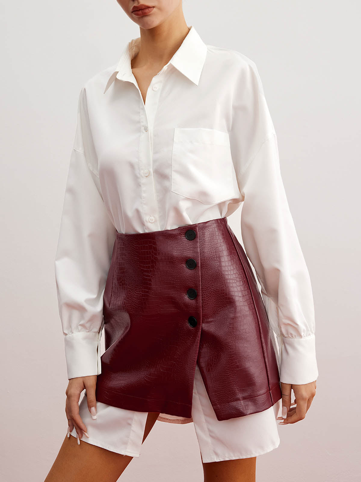 Casual Solid Shirt With Mini Skirt Set